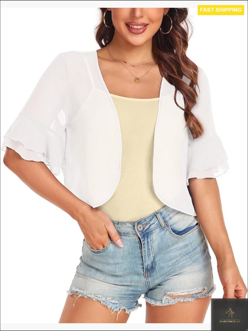 White Ruffle Sleeve Cropped Cardigan - Elegant Open Front Layer